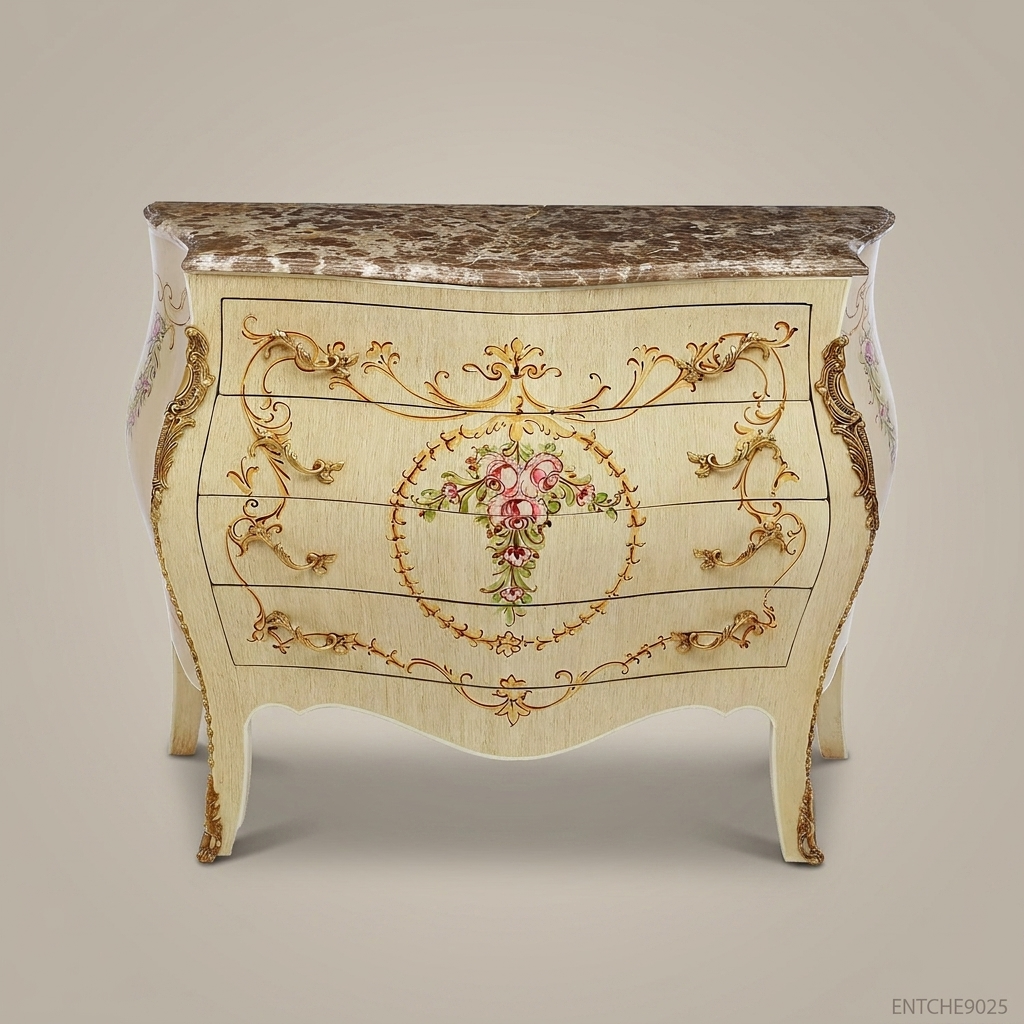 Louis XV Bombe Commode – Ivory Lacquer & Hand-Painted Floral Marquetry