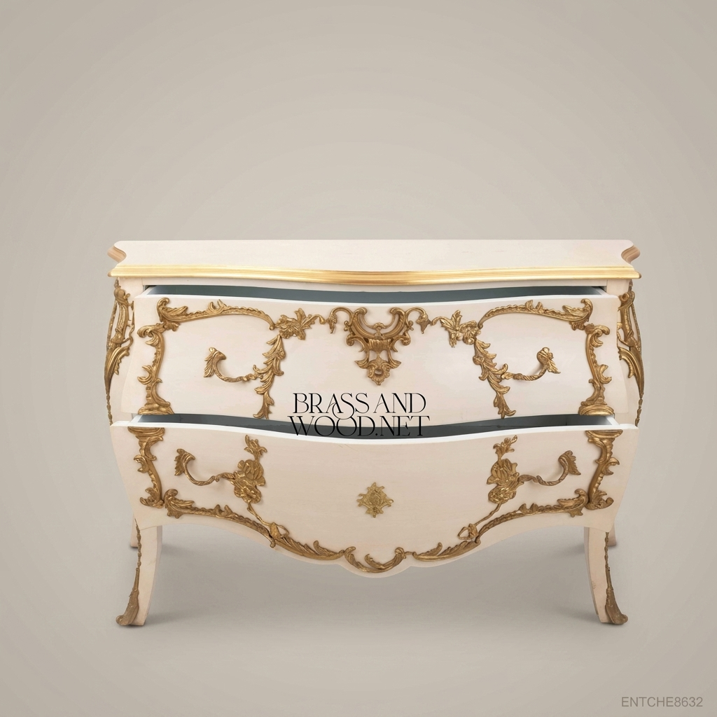 Louis XV Rococo Bombe Commode in Ivory Lacquer with Gold Leaf Mounts