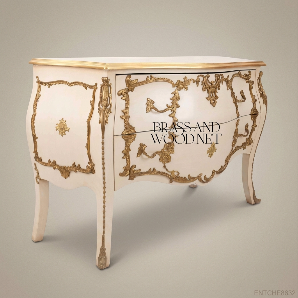 Louis XV Rococo Bombe Commode in Ivory Lacquer with Gold Leaf Mounts