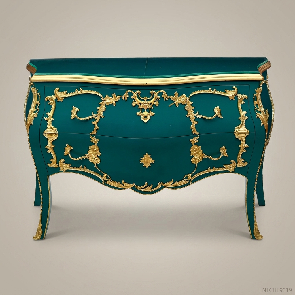 Louis XV Rococo Bombe Commode in Teal Lacquer with Gilt Brass Ormolu