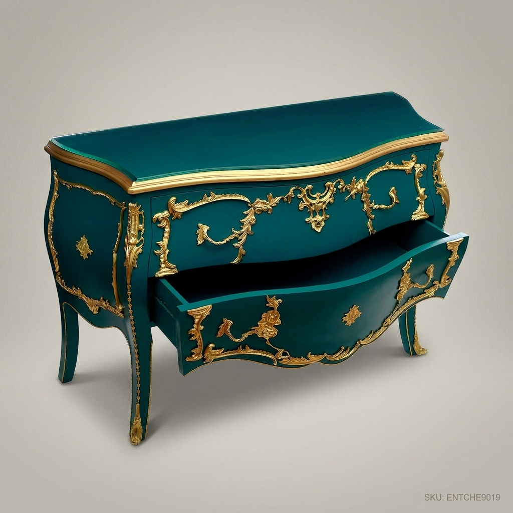 Louis XV Rococo Bombe Commode in Teal Lacquer with Gilt Brass Ormolu