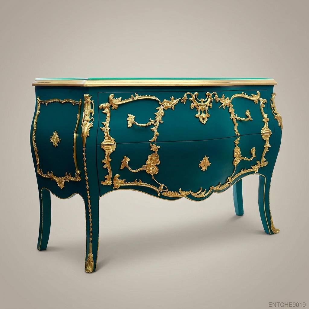 Louis XV Rococo Bombe Commode in Teal Lacquer with Gilt Brass Ormolu