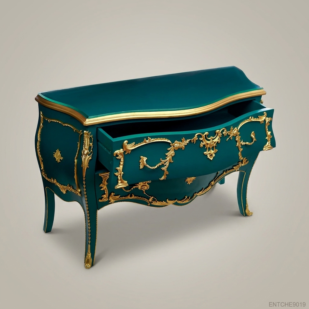 Louis XV Rococo Bombe Commode in Teal Lacquer with Gilt Brass Ormolu