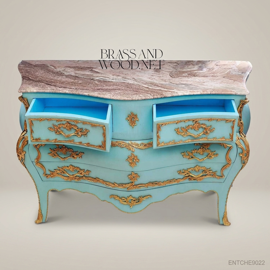 Louis XV Rococo Bombe Commode in Turquoise Lacquer with Gilded Bronze Ormolu