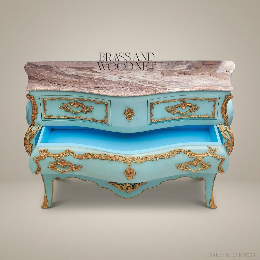 Louis XV Rococo Bombe Commode in Turquoise Lacquer with Gilded Bronze Ormolu