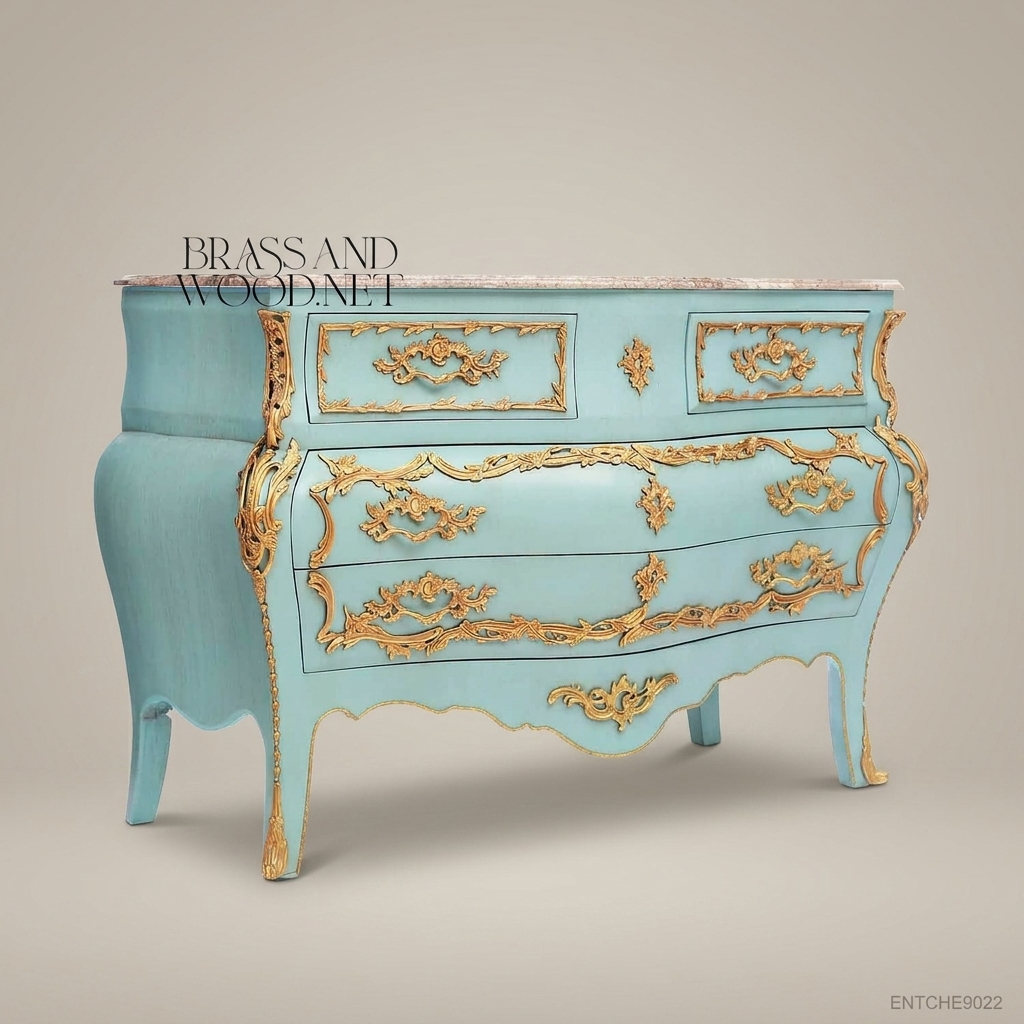 Louis XV Rococo Bombe Commode in Turquoise Lacquer with Gilded Bronze Ormolu