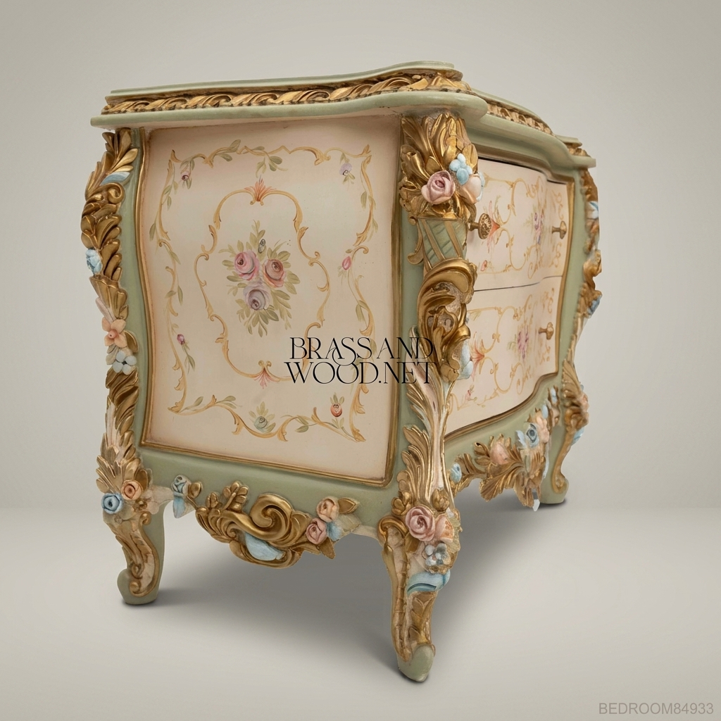 Louis XV Rococo Bombé Nightstand with Hand-Painted Floral Scrollwork & Gilt Relief Carvings