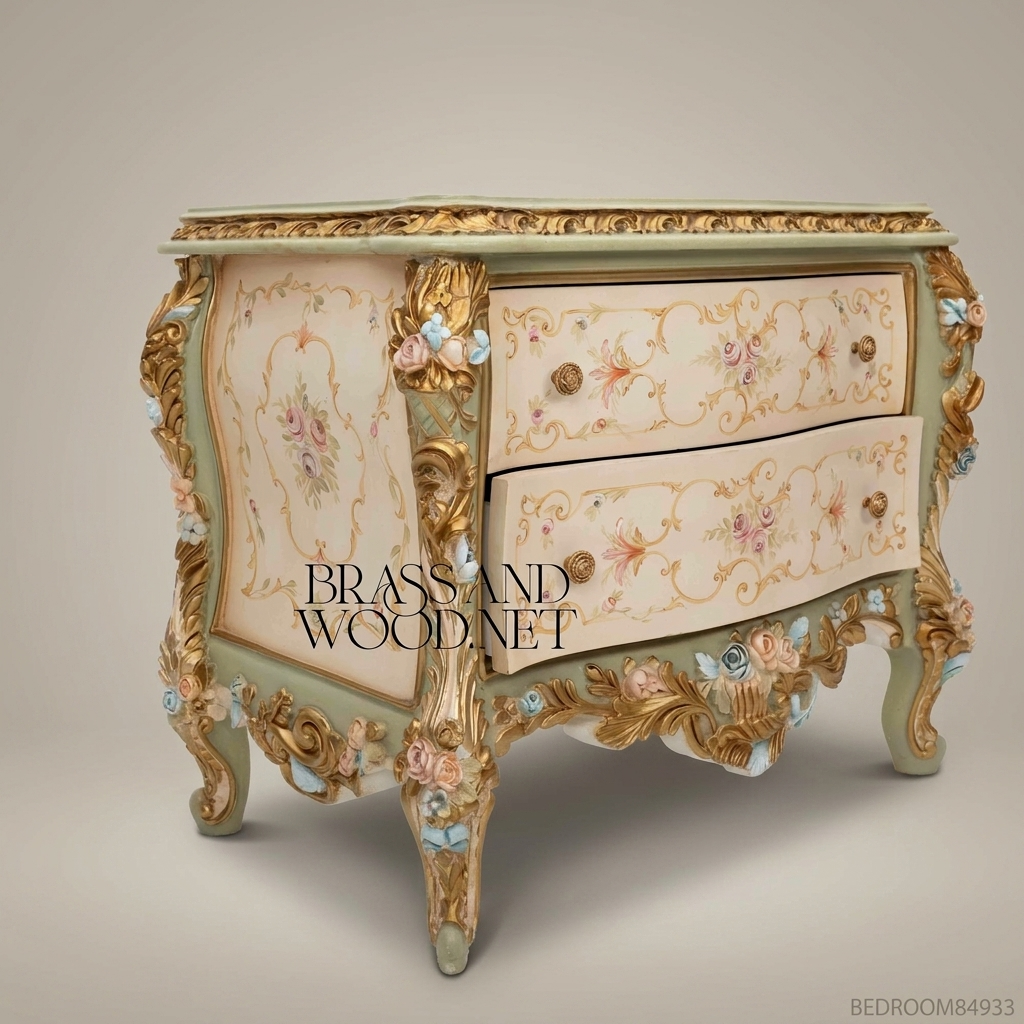 Louis XV Rococo Bombé Nightstand with Hand-Painted Floral Scrollwork & Gilt Relief Carvings