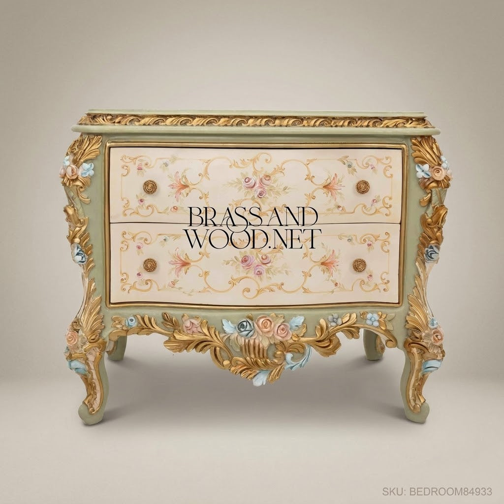 Louis XV Rococo Bombé Nightstand with Hand-Painted Floral Scrollwork & Gilt Relief Carvings