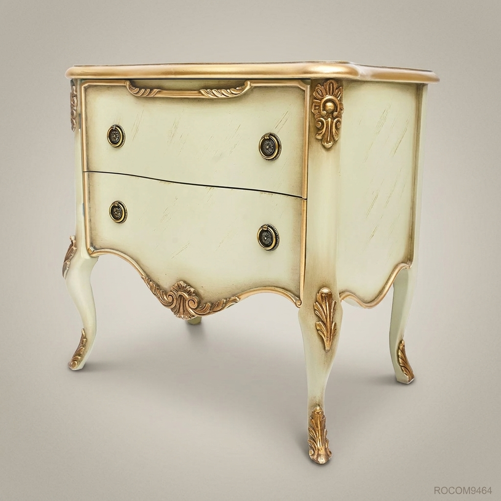 Louis XV Rococo Bombé Nightstand — Ivory Lacquer with Antique Gold Carved Acanthus