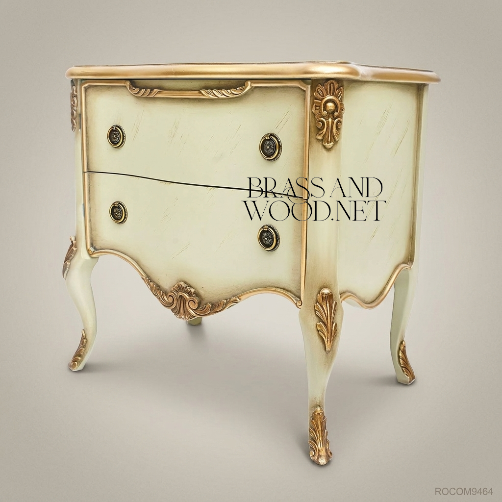 Louis XV Rococo Bombé Nightstand — Ivory Lacquer with Antique Gold Carved Acanthus