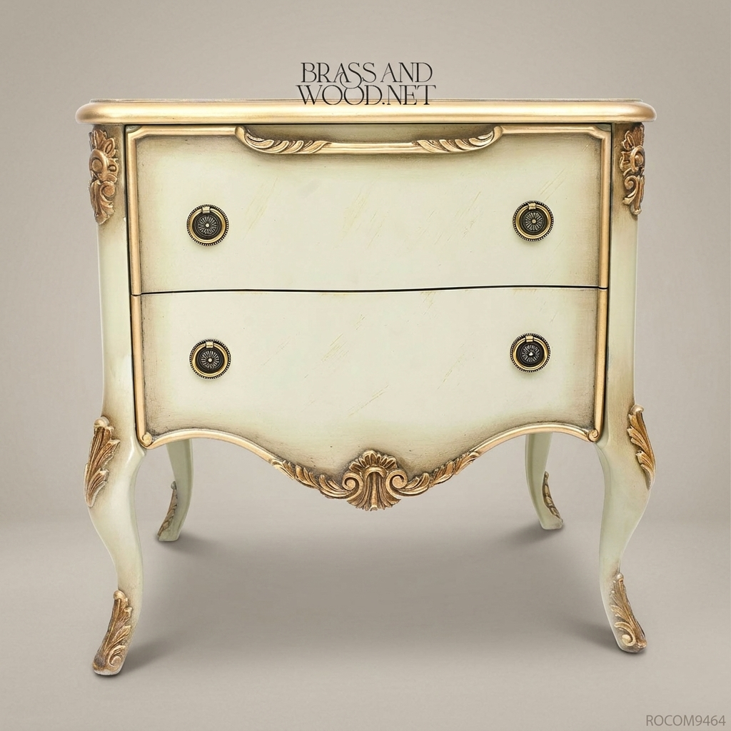 Louis XV Rococo Bombé Nightstand — Ivory Lacquer with Antique Gold Carved Acanthus