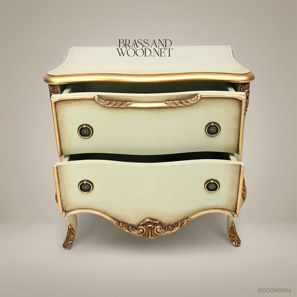 Louis XV Rococo Bombé Nightstand — Ivory Lacquer with Antique Gold Carved Acanthus