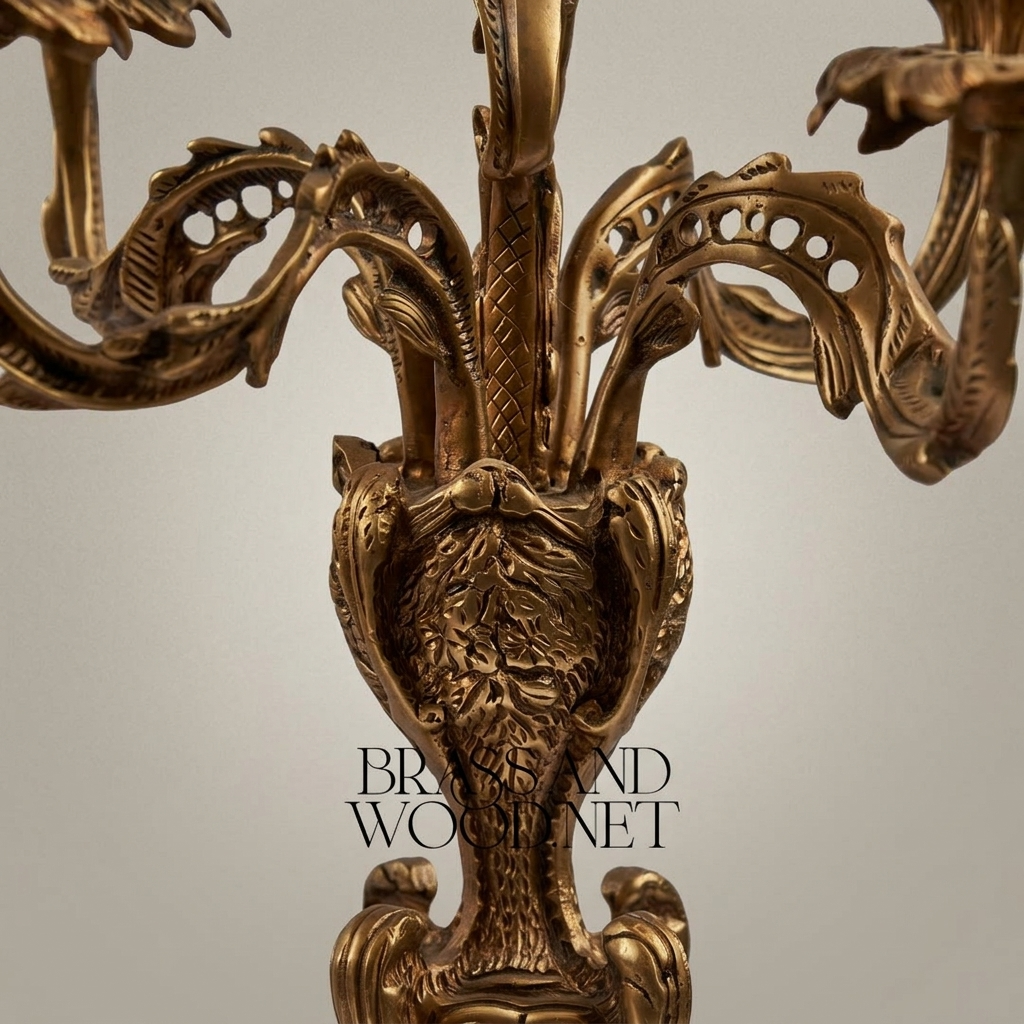 Louis XV Rococo Brass Candelabra - 5-Arm Acanthus & Rocaille Scrollwork — Antique Gold