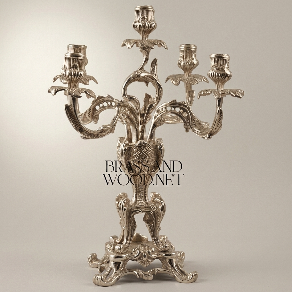 Louis XV Rococo Brass Candelabra - 5-Arm Acanthus & Rocaille Scrollwork — Silver