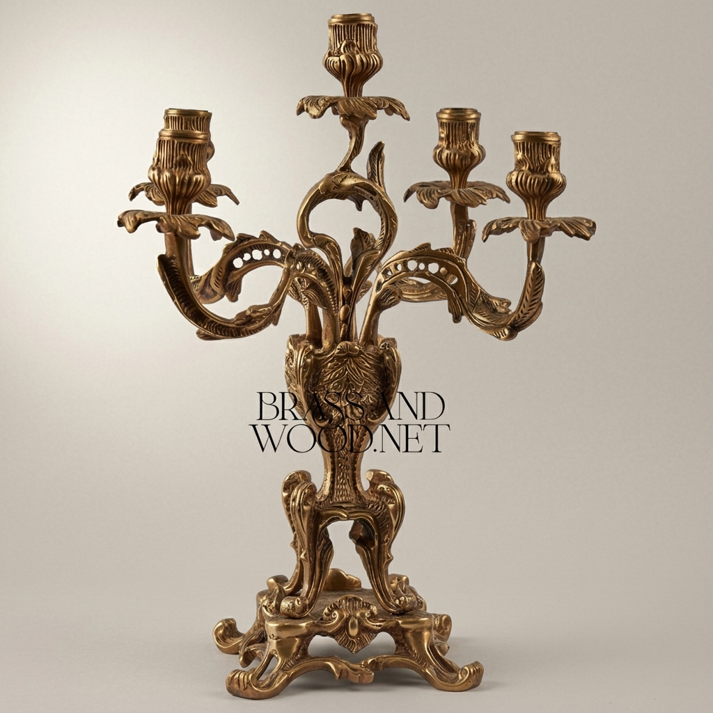 Louis XV Rococo Brass Candelabra - 5-Arm Acanthus & Rocaille Scrollwork — Antique Gold