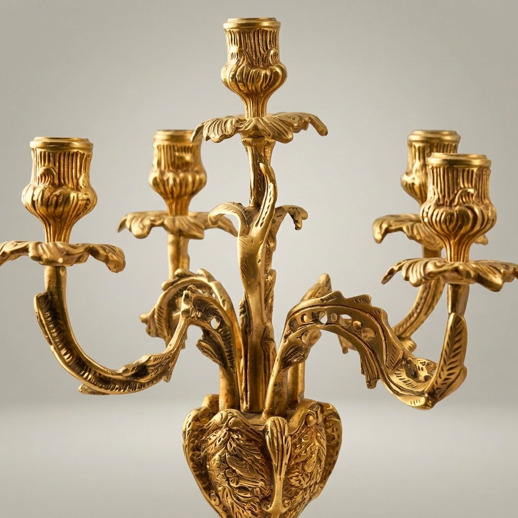 Louis XV Rococo Brass Candelabra - 5-Arm Acanthus & Rocaille Scrollwork — Gold