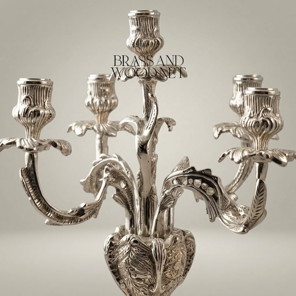 Louis XV Rococo Brass Candelabra - 5-Arm Acanthus & Rocaille Scrollwork — Silver