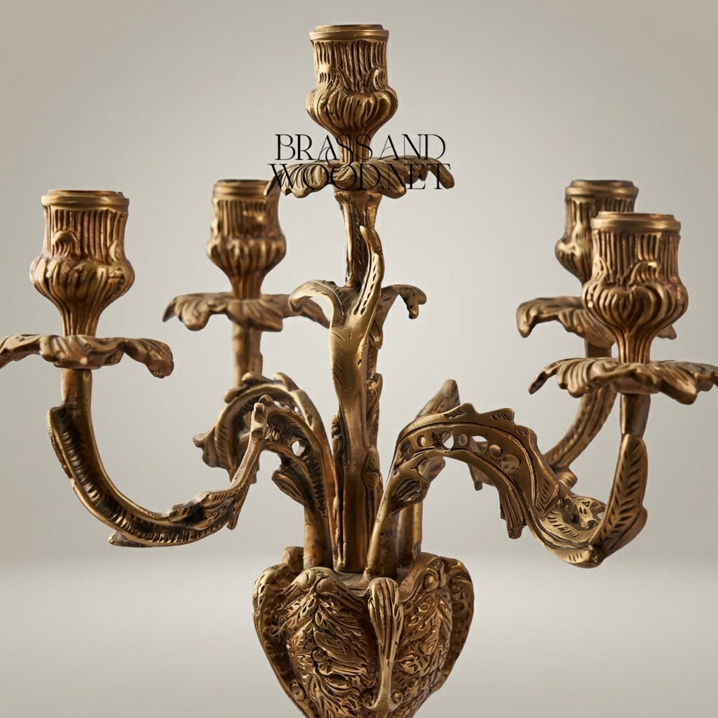 Louis XV Rococo Brass Candelabra - 5-Arm Acanthus & Rocaille Scrollwork — Antique Gold