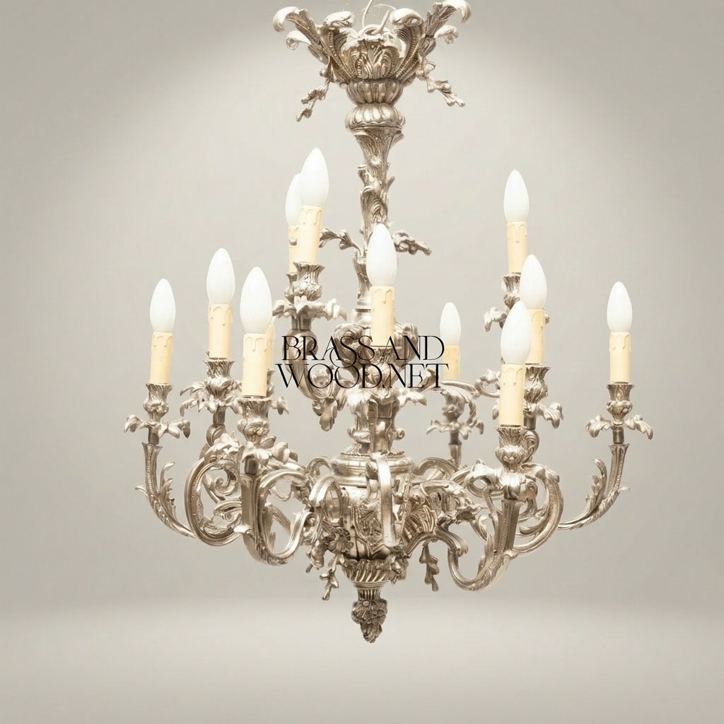 Louis XV Rococo Brass Chandelier - 12-Arm Acanthus Scroll — Silver