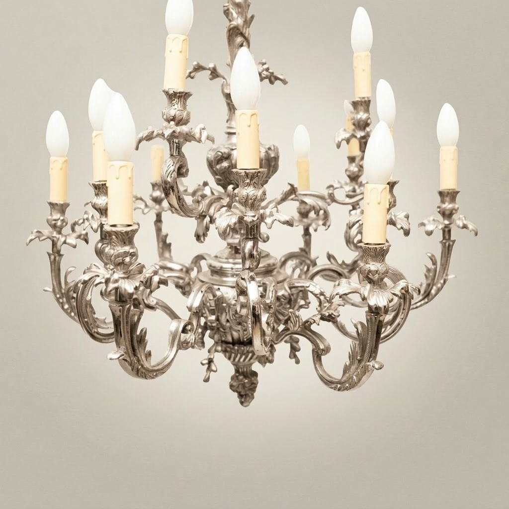 Louis XV Rococo Brass Chandelier - 12-Arm Acanthus Scroll — Silver