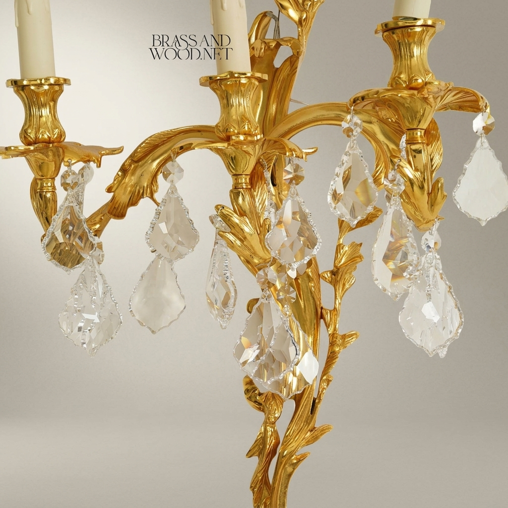 Louis XV Rococo Brass & Crystal 3-Arm Wall Sconce with Acanthus Scrolls