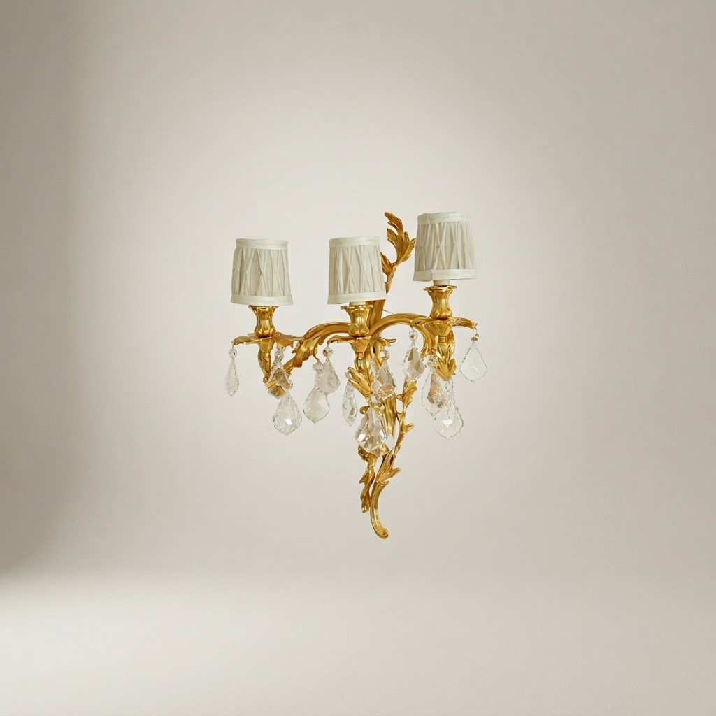 Louis XV Rococo Brass & Crystal 3-Arm Wall Sconce with Acanthus Scrolls — Gold