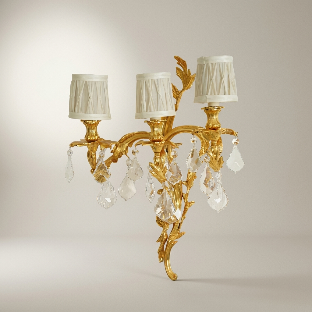 Louis XV Rococo Brass & Crystal 3-Arm Wall Sconce with Acanthus Scrolls — Gold
