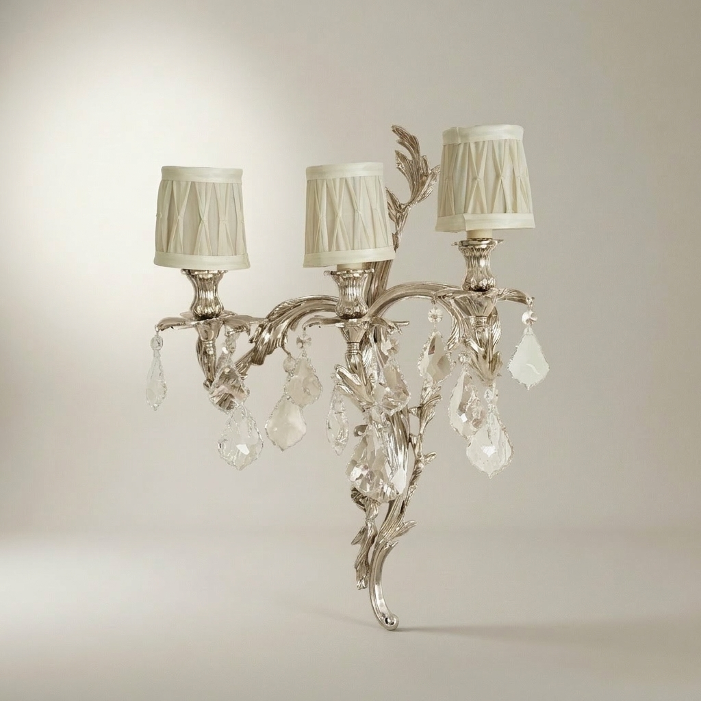 Louis XV Rococo Brass & Crystal 3-Arm Wall Sconce with Acanthus Scrolls — Silver
