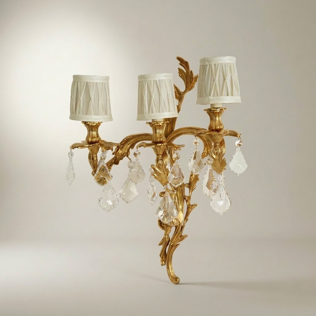 Louis XV Rococo Brass & Crystal 3-Arm Wall Sconce with Acanthus Scrolls — Antique Gold