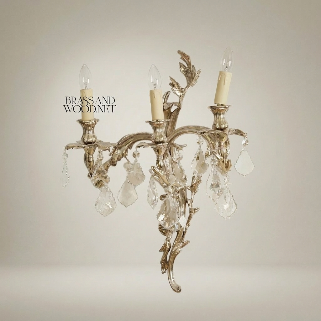 Louis XV Rococo Brass & Crystal 3-Arm Wall Sconce with Acanthus Scrolls — Silver