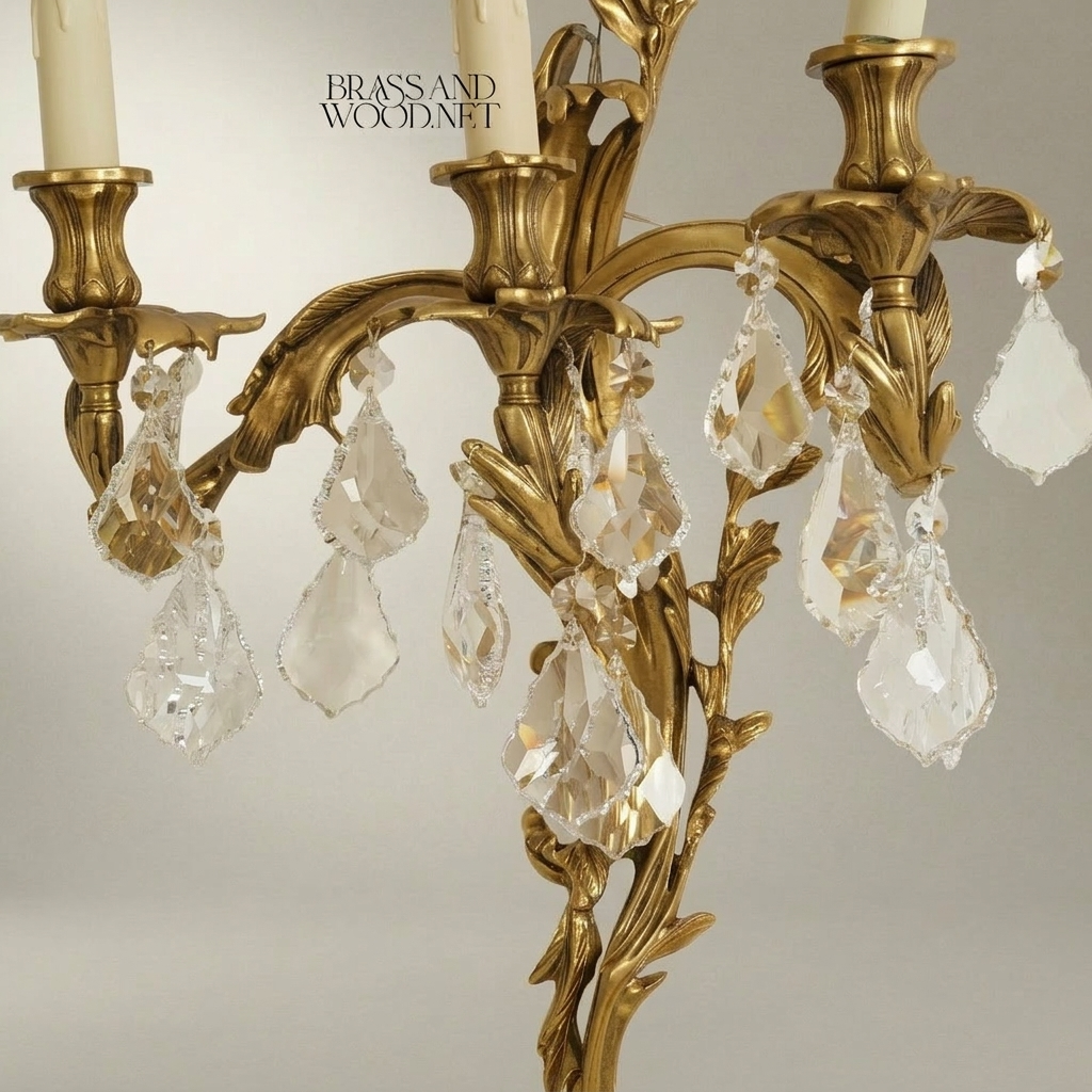 Louis XV Rococo Brass & Crystal 3-Arm Wall Sconce with Acanthus Scrolls — Antique Gold