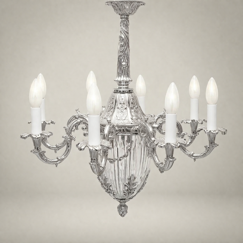 Louis XV Rococo Brass & Crystal 8-Arm Chandelier with Acanthus Scrollwork — Silver
