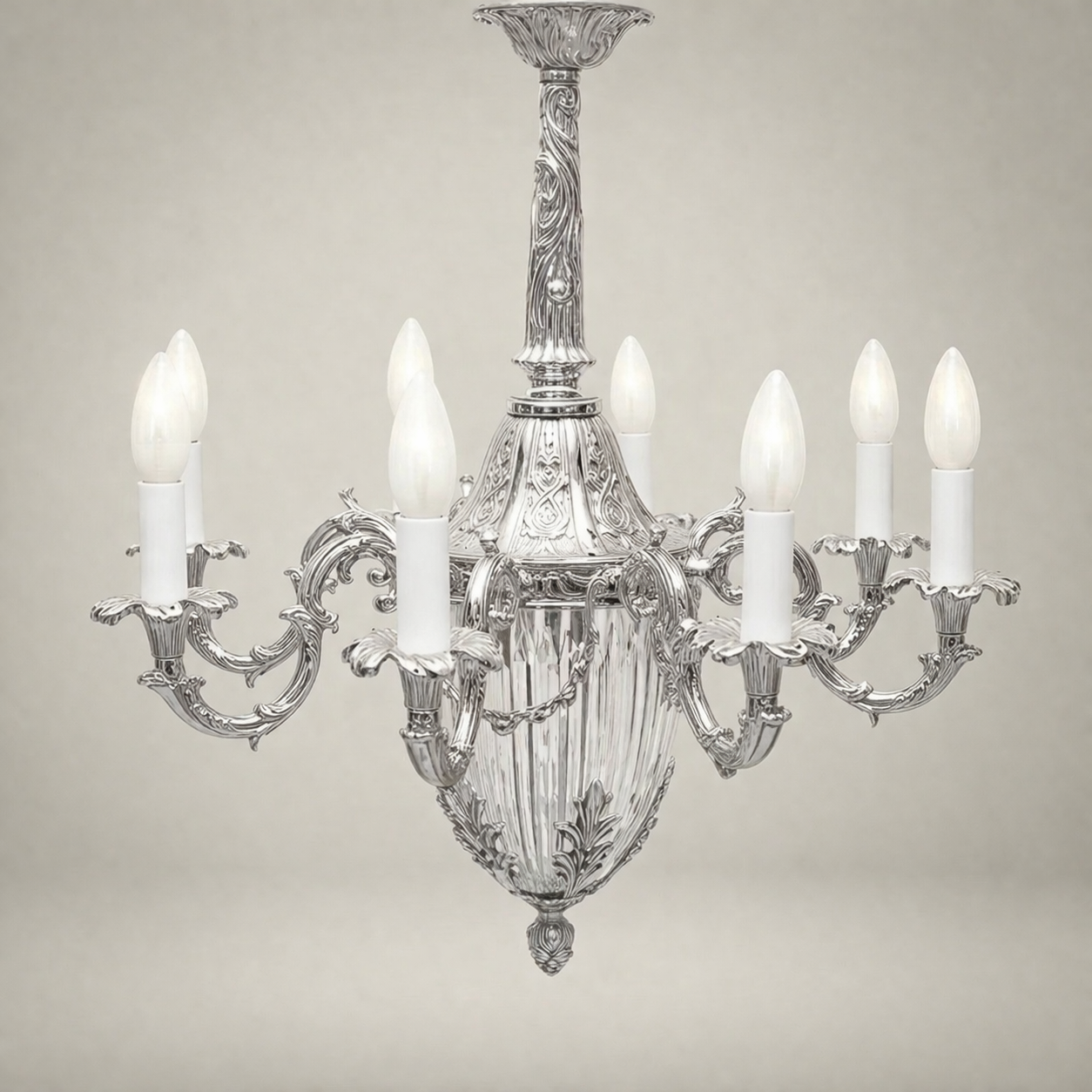 Louis XV Rococo Brass & Crystal 8-Arm Chandelier with Acanthus Scrollwork — Silver