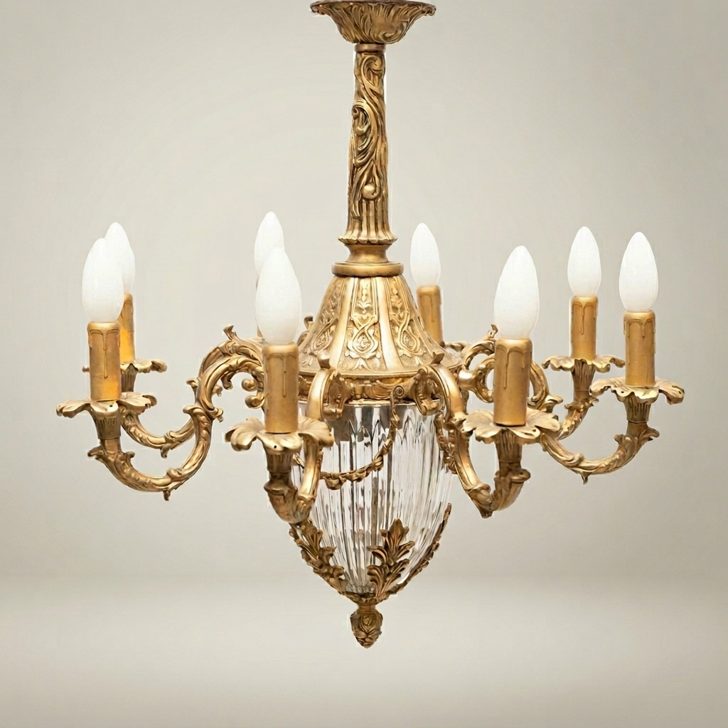 Louis XV Rococo Brass & Crystal 8-Arm Chandelier with Acanthus Scrollwork — Antique Gold