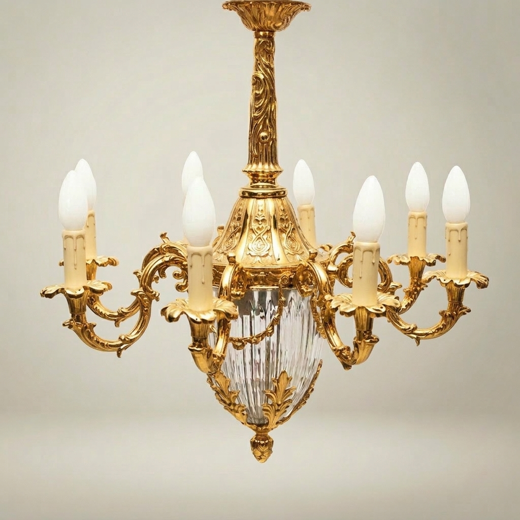Louis XV Rococo Brass & Crystal 8-Arm Chandelier with Acanthus Scrollwork — Gold
