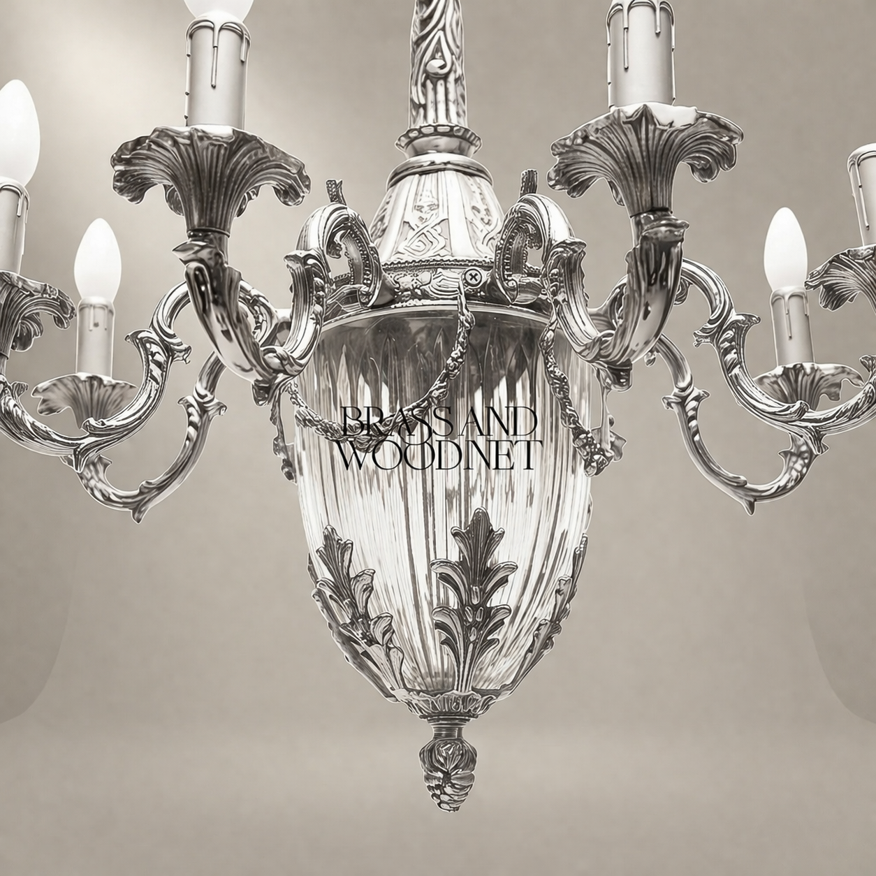 Louis XV Rococo Brass & Crystal 8-Arm Chandelier with Acanthus Scrollwork — Silver