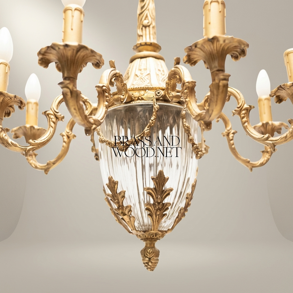 Louis XV Rococo Brass & Crystal 8-Arm Chandelier with Acanthus Scrollwork — Antique Gold