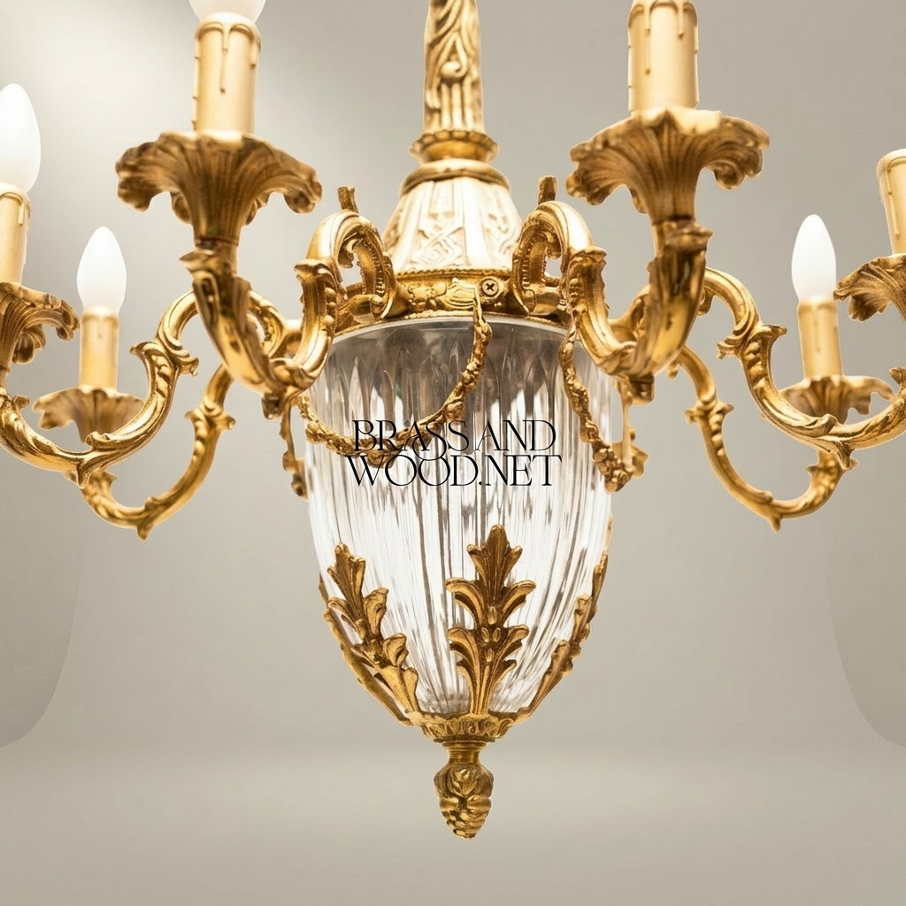 Louis XV Rococo Brass & Crystal 8-Arm Chandelier with Acanthus Scrollwork
