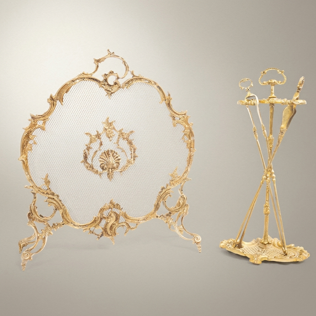 Louis XV Rococo Brass Fireplace Screen & Tool Set - Shell Cartouche Mesh