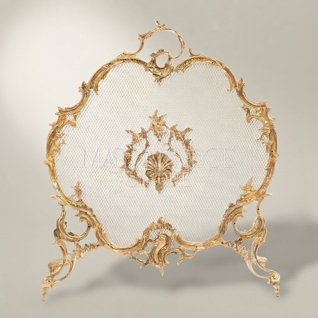 Louis XV Rococo Brass Fireplace Screen & Tool Set - Shell Cartouche Mesh