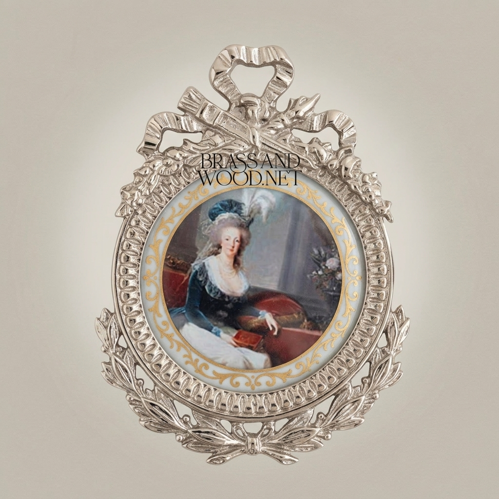 Louis XV Rococo Brass Oval Picture Frame - Acanthus Crown & Scroll Pedestal — Silver