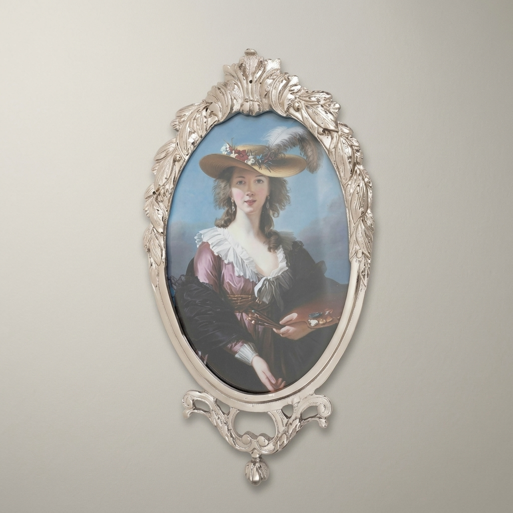 Louis XV Rococo Brass Oval Picture Frame - Acanthus Crown & Scroll Pedestal — Silver