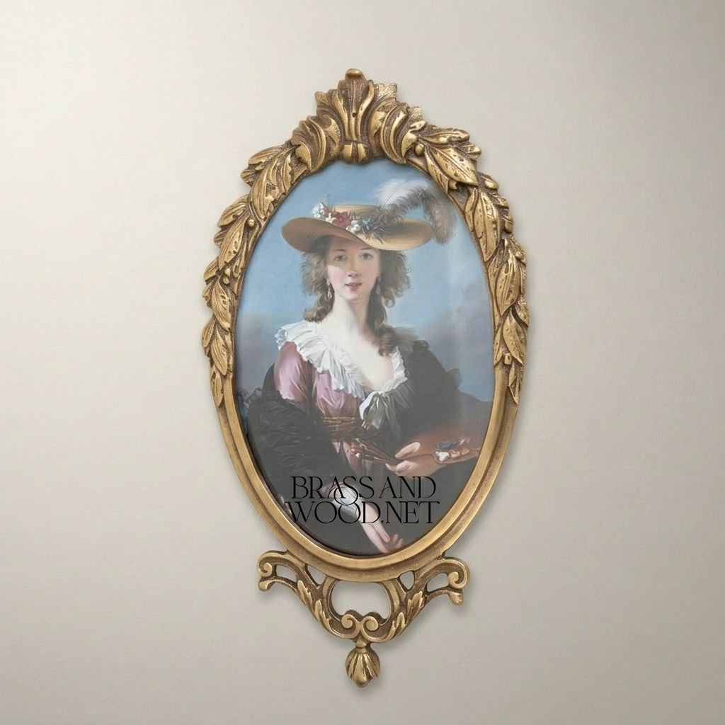 Louis XV Rococo Brass Oval Picture Frame - Acanthus Crown & Scroll Pedestal — Antique Gold