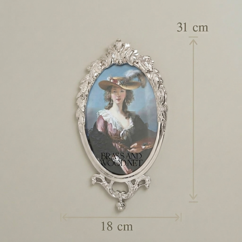 Louis XV Rococo Brass Oval Picture Frame - Acanthus Crown & Scroll Pedestal — Silver