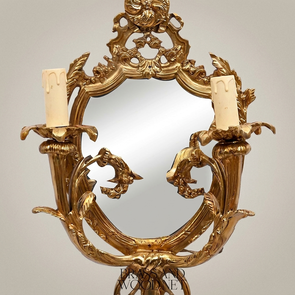 Louis XV Rococo Brass Wall Sconce with Mirror & Bow Finial - Twin Candle Arms — Antique Gold