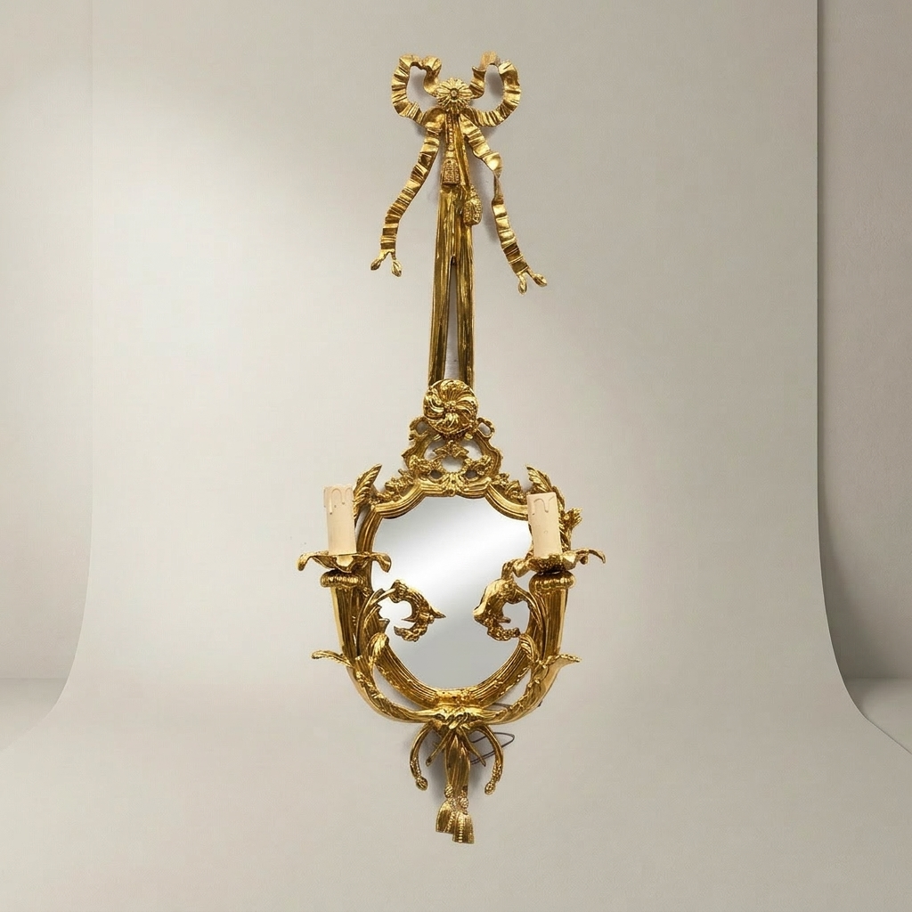 Louis XV Rococo Brass Wall Sconce with Mirror & Bow Finial - Twin Candle Arms