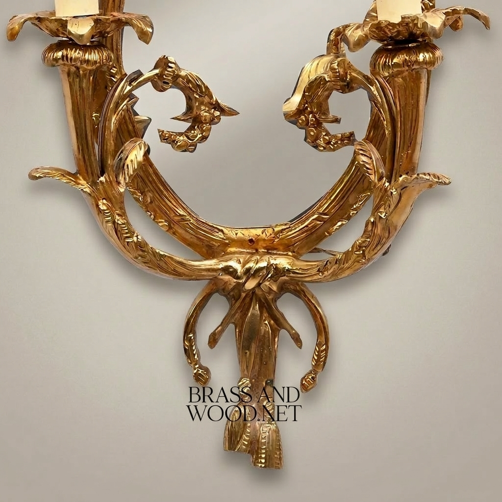 Louis XV Rococo Brass Wall Sconce with Mirror & Bow Finial - Twin Candle Arms — Gold