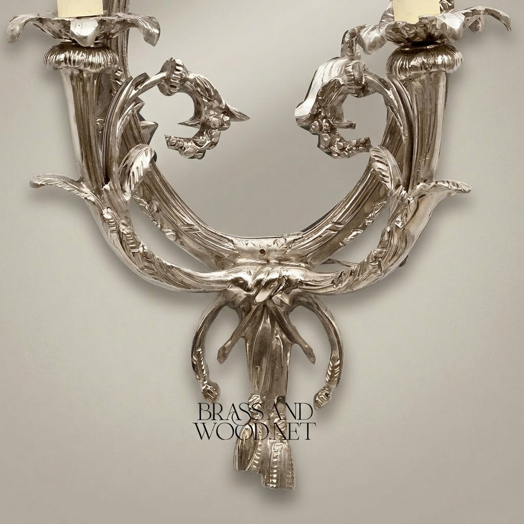Louis XV Rococo Brass Wall Sconce with Mirror & Bow Finial - Twin Candle Arms — Silver