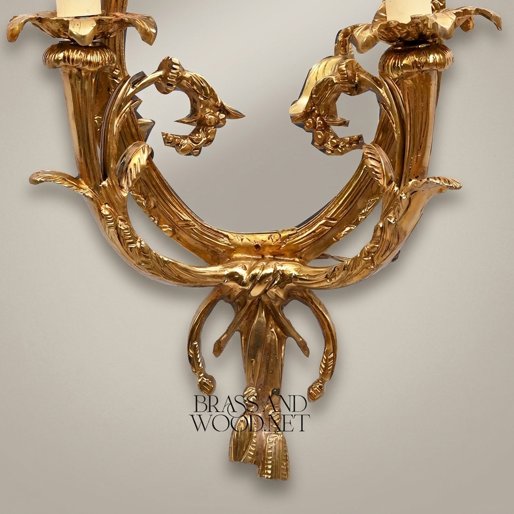 Louis XV Rococo Brass Wall Sconce with Mirror & Bow Finial - Twin Candle Arms — Antique Gold